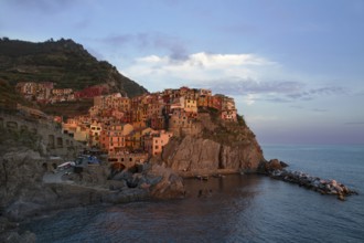 Village of Manarola at sunset, Cinque Terre, Italy, Europe