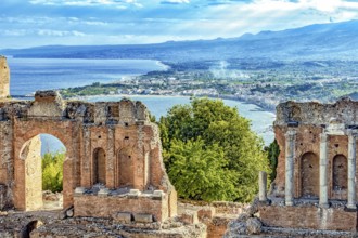 Greek theatre of Taormina, bay of Giardini-Naxos in Sicily