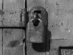 A monochrome close up of an old rusty closed padlock and hasp on a distressed wooden plank door