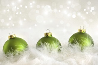 Green christmas balls with holiday background