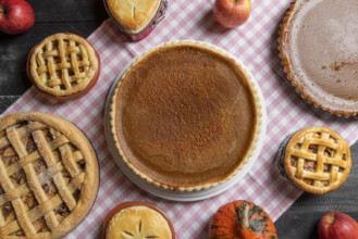 Above view of a table with a pink towel, full of various homemade pies, pumpkin pies, apple pies,