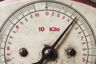 Close-up shot of retro and vintage scale or balance indicating weight in kilo