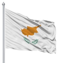 Flag of Cyprus with flagpole waving in the wind against white background