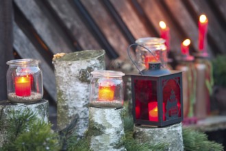 Red candles in glasses and a lantern stand on wood with green branches, borken, münsterland,