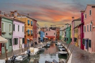 Colorful Houses in Burano beneath a scenic sky, Island of Venice, Italy, Europe