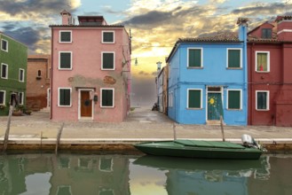 Colorful Houses in Burano beneath a scenic sky, Island of Venice, Italy, Europe