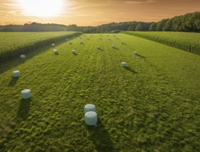 Wrapped hay bales in a meadow with a nice sunset