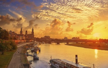 Dresden skyline reflecion in Elbe river at sunset in Saxony of Germany
