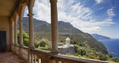 Terrace with a view, West coast of Majorca, Baleares, Spain, Europe