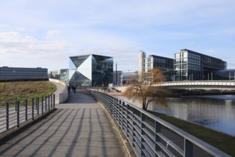 Berlin, Germany, February 12, 2022, view from the riverside promenade at the Spreebogenpark to the