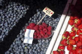 23/06/2018, Helsinki, Finland, Europe, Fresh blueberries, raspberries and strawberries are offered