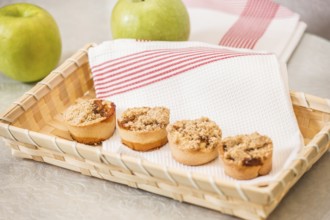 Magnificent portioned shortbread baskets with sweet stuffing. Professional baking. Background of a