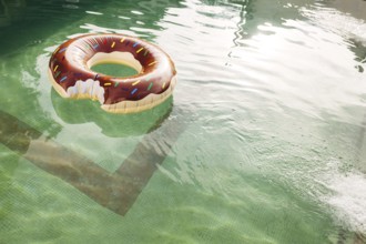 A swimming circle in the form of a bitten doughnut floats in the water of the pool.