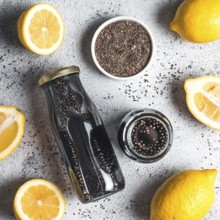 Detox activated charcoal black chia water or lemonade with lemon. Two bottle with black chia