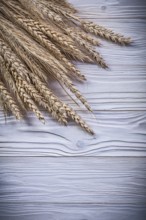 Stack of golden wheat rye ears on wooden board food and drink concept