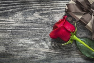 Red rose gift box on wooden board holidays concept
