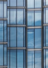 Brussels Old Town, Belgium, 07 05 2019- Abstract view of the rectangular blue windows in glass and