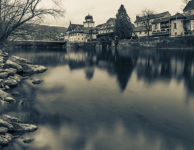 Schwammerlturm, old town centre on the river Mur, long exposure, Leoben, Styria, Austria, Europe