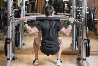 Sport, bodybuilding, lifestyle and people concept, young man with barbell doing squats in gym
