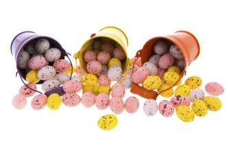 Colorful metal buckets with easter eggs