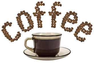 Word of coffee beans with a cup of coffee from a brown glass isolated on white background