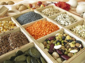 Wooden box with cooking and baking ingredients