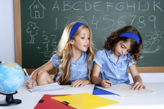 Classroom with two kids students cheating on test exam at school