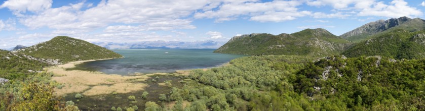Landscape view over the Skadar Lake, the green hills and mountains