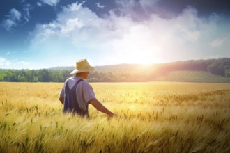 Farmer walking through a golden wheat field
