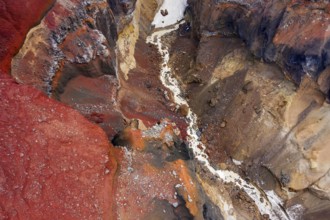 Aerial top view on colorful Dangerous Canyon (Opasniy Canyon) near the Mutnovsky volcano on the