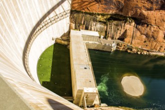 Lake Powell, Page, Arizona November 2013: High angle view of the arch-gravity Glen Canyon dam used