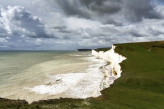 A view of the white cliffs of the Seven Sisters in East Sussex on the English Channel