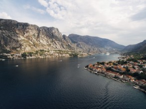Kotor Bay, photo from a drone, near the city of Prchan. View of the town Dobrota and Kotor, and the