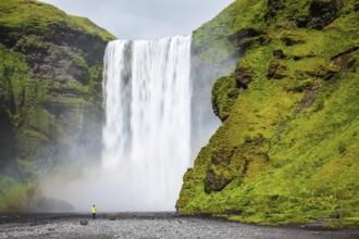 Magnificent famous waterfall Skógafoss, Iceland. A powerful jet Skógar River forms a large rainbow