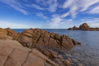 Coastal landscape with bizarre red rocks and sea view, Spiaggia di Cala E'Luas, Ogliastra,