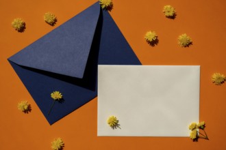 Beautiful little yellow chamomile daisies flowers on postal blue envelope on orange background,