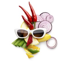 Quirky food concept of cubist style female face in sunglasses made of fruit and vegetables, on