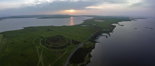 Ring of Brodgar, stone circle and ditch, Neolithic monument, UNESCO World Heritage Site, drone shot