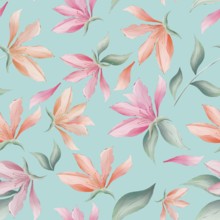 Magnolia flowers and leaves on turquoise background watercolor painting, seamless repeat pattern