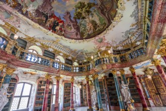 WIBLINGEN, BAVARIA, GERMANY, JUNE 08, 2022 : Rococo and baroque decors of the library in Wiblingen