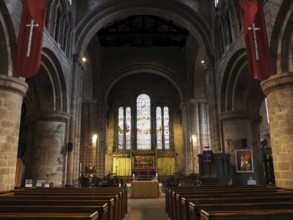 Chester. Cheshire, United Kingdom, 20 March 2024 : The nave, chancel and stained glass windows in