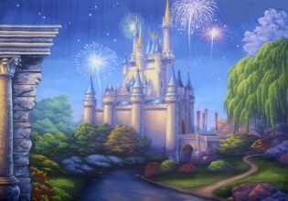 Theatre backdrop featuring a scene with fireworks exploding over a medieval castle