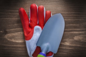Protective gloves and stainless gardening shovel agriculture concept
