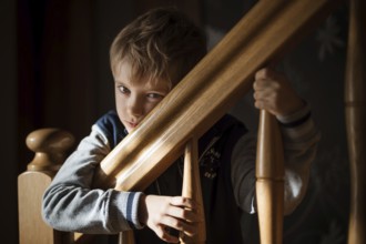 Bored boy by the railing on the stairs
