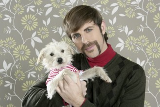 Geek retro man holding dog silly couple on wallpaper