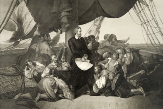 The first sight of the new world, Christopher Columbus landing at San Salvador Island on 12 October