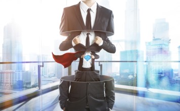 Businessman in suit transform to super hero from layer to layer, hard work and successful