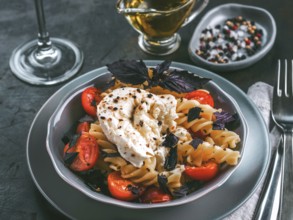 Tasty italian fusilli pasta with cherry, mozarella or buratta cheese and fresh basil. Dish with