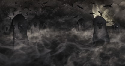 Cemetery At Night With Tombstones With Skulls And Cloudy Sky Full Of Stars in The Background.