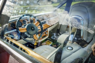 Lisbon, Portugal, Jan 20, 2024: Interior of luxury Rolls-Royce Phantom Drophead Coupe car through